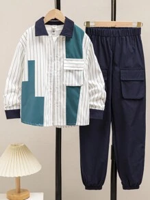 SHEIN Cậu bé Tween In sọc Túi có nắp Áo sơ mi & Quần Without Tee - Màu xanh lam - Xem 1