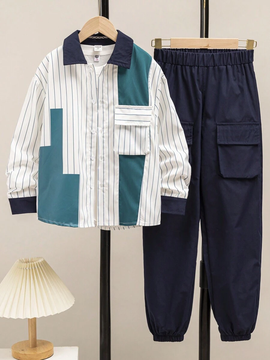 SHEIN Cậu bé Tween In sọc Túi có nắp Áo sơ mi & Quần Without Tee - Màu xanh lam - Xem 1