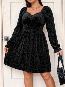 Flirla Plus Size Solid Color Jacquard Sweetheart Neck Dress - Black - View 7