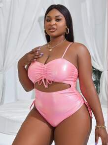 Swim SXY Summer Beach Plus Size Women's Hollow Out Drawstring One Piece Swimsuit