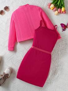 SHEIN 3pcs/Set Tween Girls' Ribbed Stand Collar Top, Solid Color Cami Dress And Matching Bag - Hot Pink - View 2