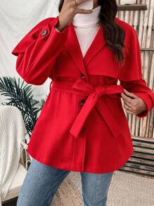 SHEIN Clasi Plus Overlay Single Breasted Belted Overcoat - Red - View 4