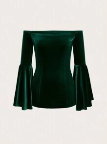 SHEIN Lady Off Shoulder tay áo lá sen Nhung Áo thun - Màu xanh lá cây đậm - Xem 3