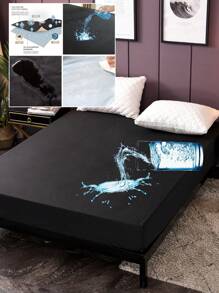 1peça Lençol com elástico de cor sólida à prova d'água, cobertor de microfibra para quarto, duplo/completo/queen/king - Preto - Ver 2