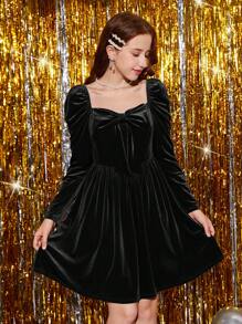 Garota Adolescente Gola Sweetheart Manga Gigot Veludo Vestido - Preto - Visão 5