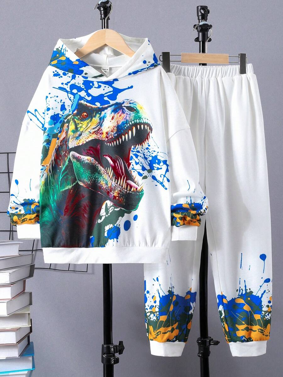 SHEIN Cậu bé Tween In Khủng long Áo Hoodie & Quần thể thao - Nhiều màu - Xem 1