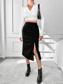 SHEIN Cottnline Women'S Slim Fit Pleated Slit Skirt - Black - View 5