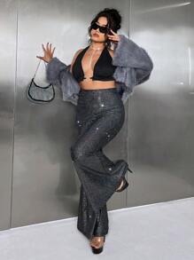 SHEIN ICON Plus High Waist Sequin Flare Leg Pants - Black - View 5