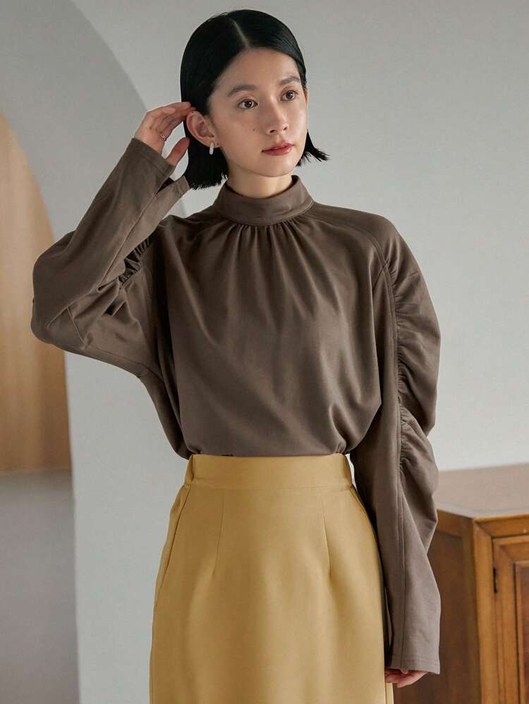 Mock Neck Ruched Raglan Sleeve Blouse,Fall Clothes Long Sleeve Top
