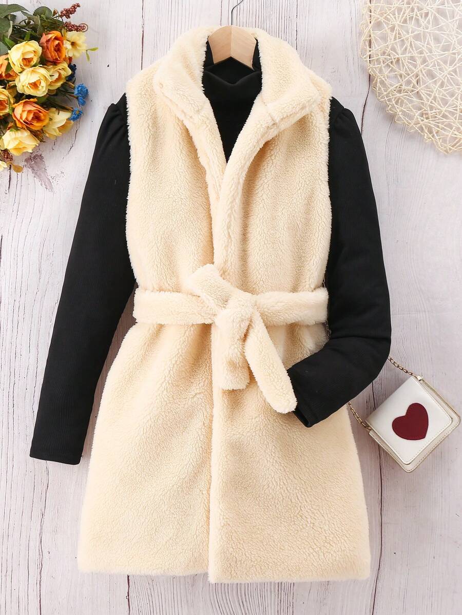 SHEIN Tween Girl Solid Belted Vest Coat & Mock Neck Tee - Black - View 1