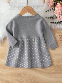 Baby Girls' Polka Dot Pattern Sweater Dress With Bowknot Decoration