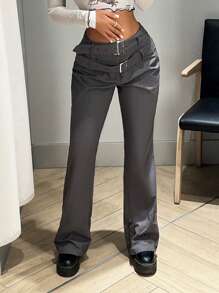SHEIN ICON Solid Belted Flare Leg Pants