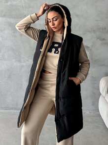 EURMUSE Zip Up Hooded Puffer Vest Coat - Black - View 3