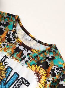 Girls' Floral & Letter Print Tie Front T-Shirt And Long Pants 2pcs Set - Black - View 4