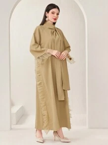 Al Najma Women's Sheer Mesh Ruffle Edge Draped Kaftan - Khaki - View 4