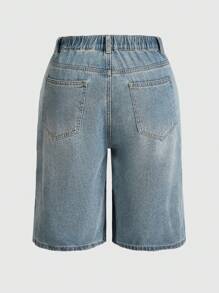 ROMWE Grunge Punk Women's Plus Size Distressed Denim Shorts With Star Patterns, School - Blue - View 2