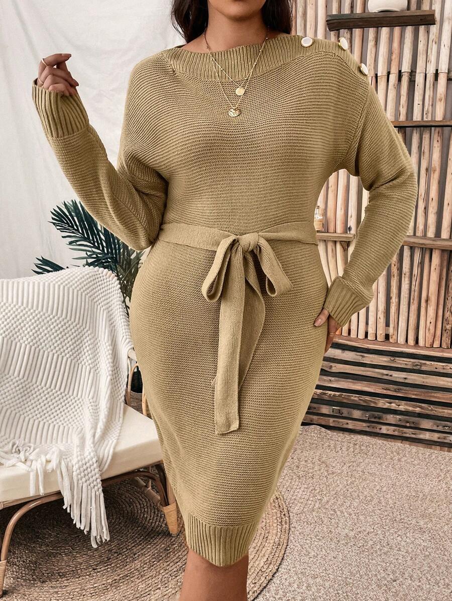 SHEIN Clasi Plus Drop Shoulder Button Detail Belted Sweater Dress - Khaki - View 1