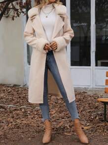 SHEIN Essnce Borg Collar Fuzzy Cuff Belted Overcoat - Beige - View 3