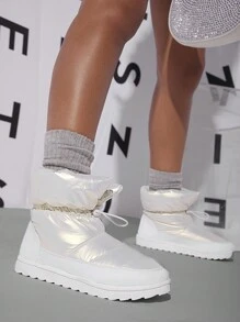 SHUZIA Drawstring Design Thermal Lined Ankle Boots - White - View 3