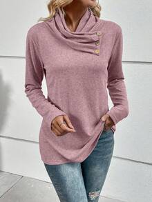 EMERY ROSE Cowl Neck Button Detail Tee - Dusty Pink - View 6