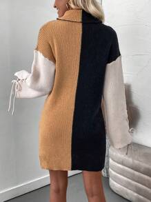 SHEIN LUNE Color Block Drop Shoulder Lace Up Side Sweater Dress Without Belt - Multicolor - View 2