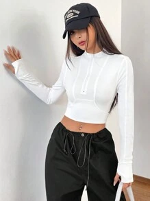 SHEIN EZwear 半拉鏈短款T恤 - 白色 - 查看 4