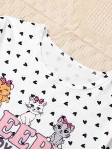 SHEIN Tween Girl Heart & Cat Pattern Printed Pajama Set