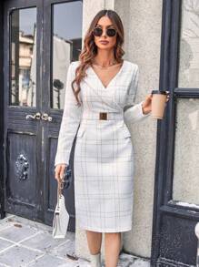 優雅腰帶 開衩 交叉格子女士連衣裙 - 白色 - 查看 6