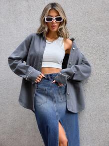 GENKIRA 素色前紐扣水鑽細節外套 - 灰色 - 查看 1