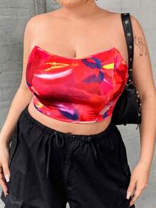Flirla Talla grande Top tubo crop con estampado de dibujo de espalda abierta con cordón