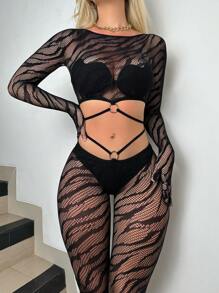 Conjunto De Lencería Sexy Ahuecado Para Mujer, 2 Piezas - Negro - Ver 4