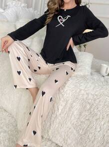 Heart Print Tee & Pants PJ Set - Multicolor - View 6