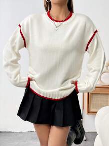 SHEIN Unity Viền tương phản Thả vai Áo len - trắng - Xem 3