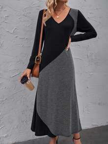 SHEIN LUNE Khối màu Cổ v Đầm - Màu xám đen - Xem 5