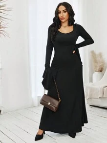 VaVaBold Solid Flounce Sleeve A-line Dress