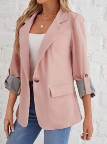 SHEIN LUNE 捲邊袖單釦西裝外套 - 藕粉色 - 查看 6