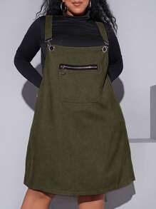 SHEIN CURVE+ Plus Zip Detail Overall Dress Without Tee - Army Green - View 2