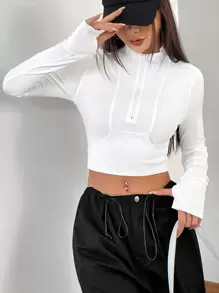 SHEIN EZwear 半拉鏈短款T恤 - 白色 - 查看 1