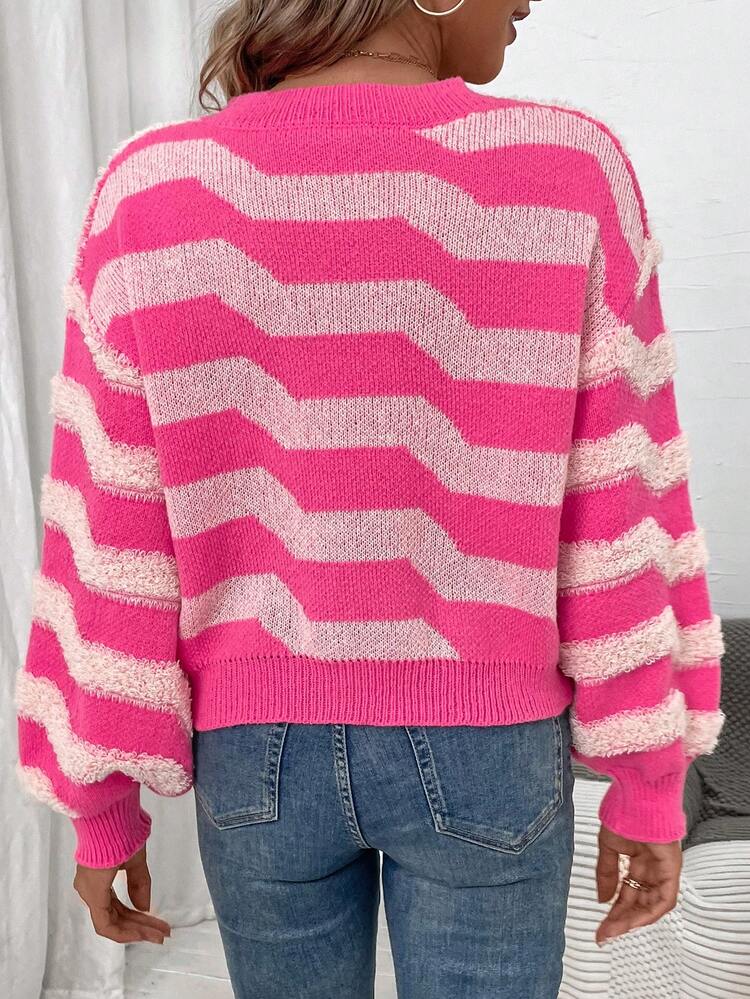 Striped Pattern Drop Shoulder Knit Pullover Fall Winter Sweater