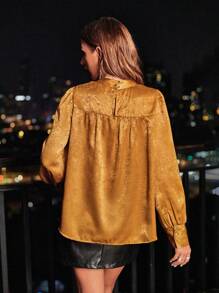 Aveloria Mock Neck Lantern Sleeve Blouse - Coffee Brown - View 2