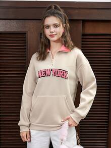 SHEIN EZwear Letter Patched Detail Contrast Collar Kangaroo Pocket Drop Shoulder Half Zip Sweatshirt - Beige - View 4