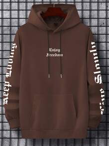 Manfinity LEGND 男士標語圖案袋鼠口袋抽繩連帽衫 - 咖啡棕 - 查看 3