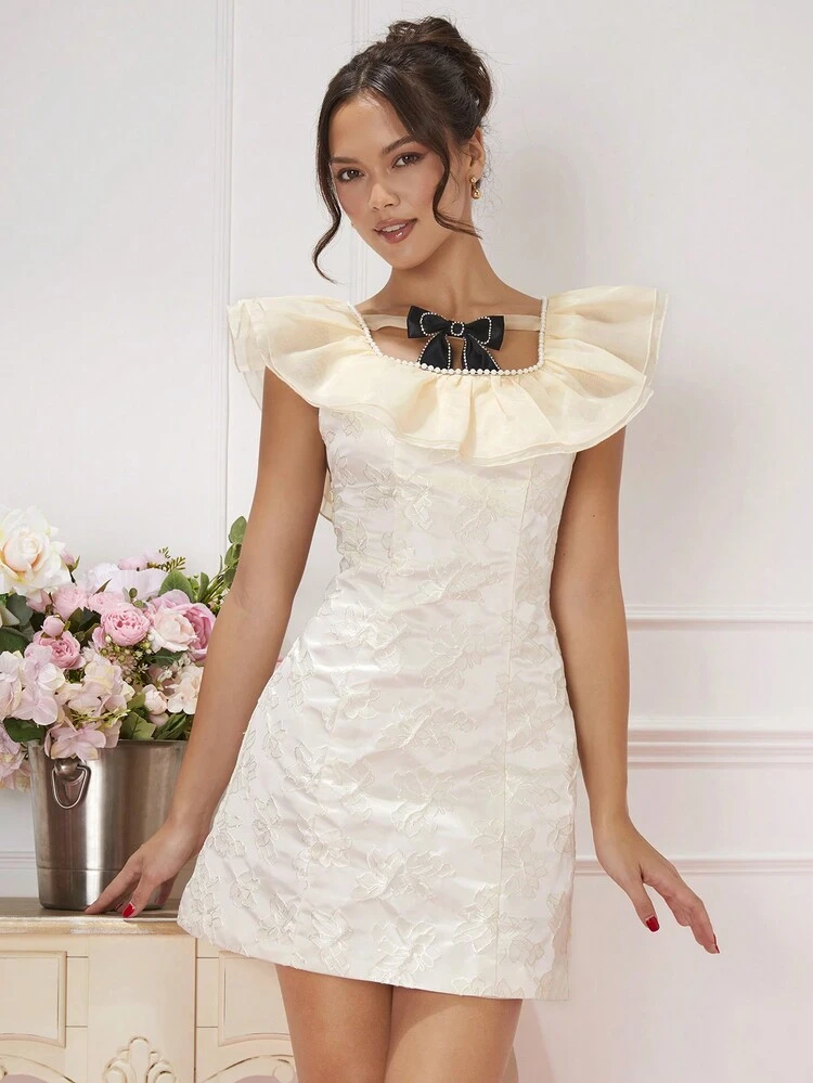 Bow Front Pearls Beaded Ruffle Trim Dress