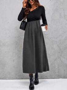 SHEIN Clasi 雙色不對稱領褶皺下擺洋裝 - 灰色 - 查看 1