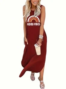 SHEIN LUNE 女性彩虹印花無袖洋裝 - 酒紅色 - 查看 1