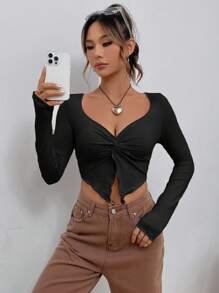 SHEIN EZwear 春季黑色 Y2k 扭纹前部甜心领生菜边短款 T 恤 - 黑色 - 查看 3