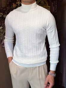男式扭纹针织修身立领毛衣 - 白色 - 查看 4
