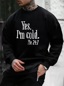 Men's Plus Size Slogan Printed Fleece Sweatshirt - Black - View 1