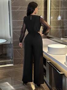 Zolique 網紗拼接燈籠袖闊腿連體褲 - 黑色 - 查看 2