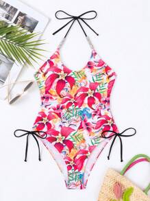 SHEIN Swim 女款花卉印花掛脖連身泳衣,印花隨機 - 彩色 - 查看 4